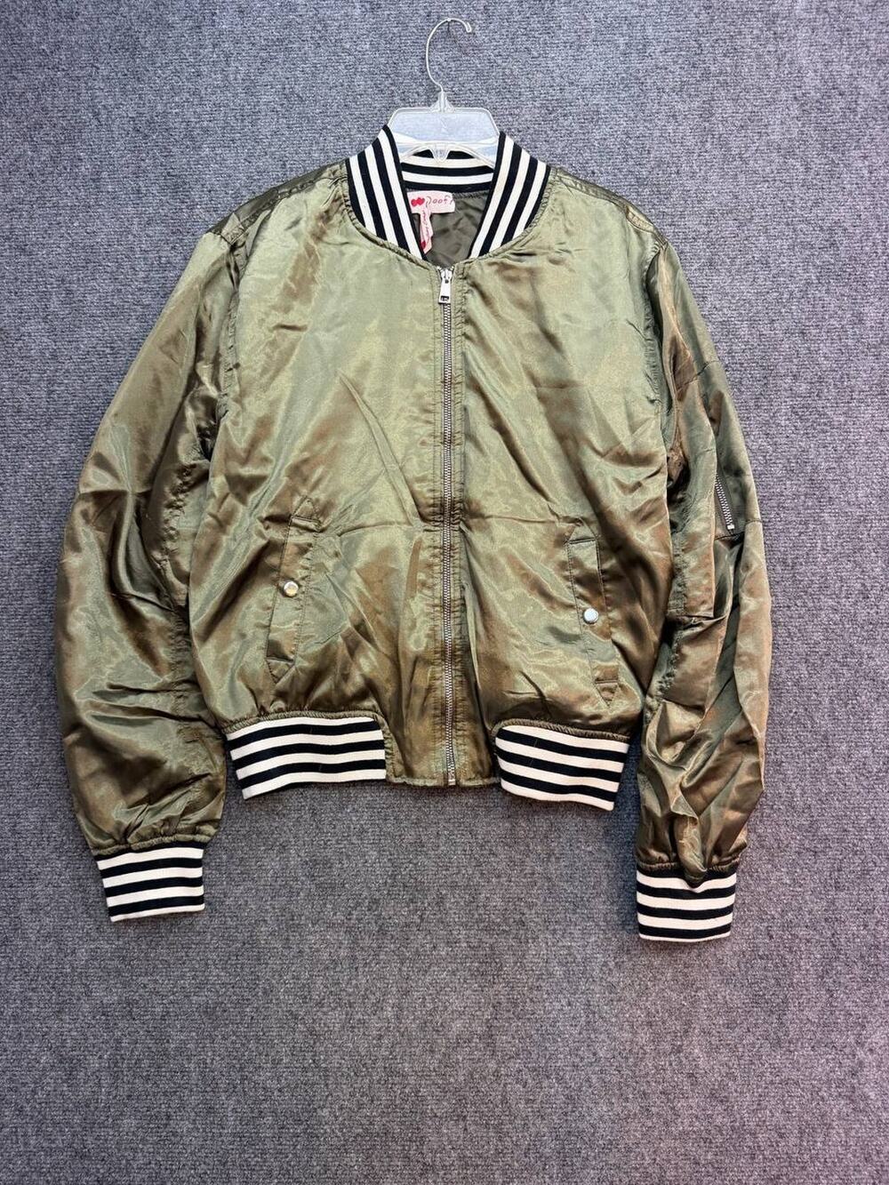 Poof! Women L Olive Satin Bomber Jacket Embroidered Bird Floral Love Back